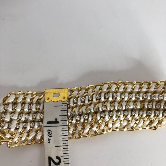 Wide Cuff Crochet Rhinestone Chunky Chain Adjustable Bracelet Gold Tone - Picture 6 of 6